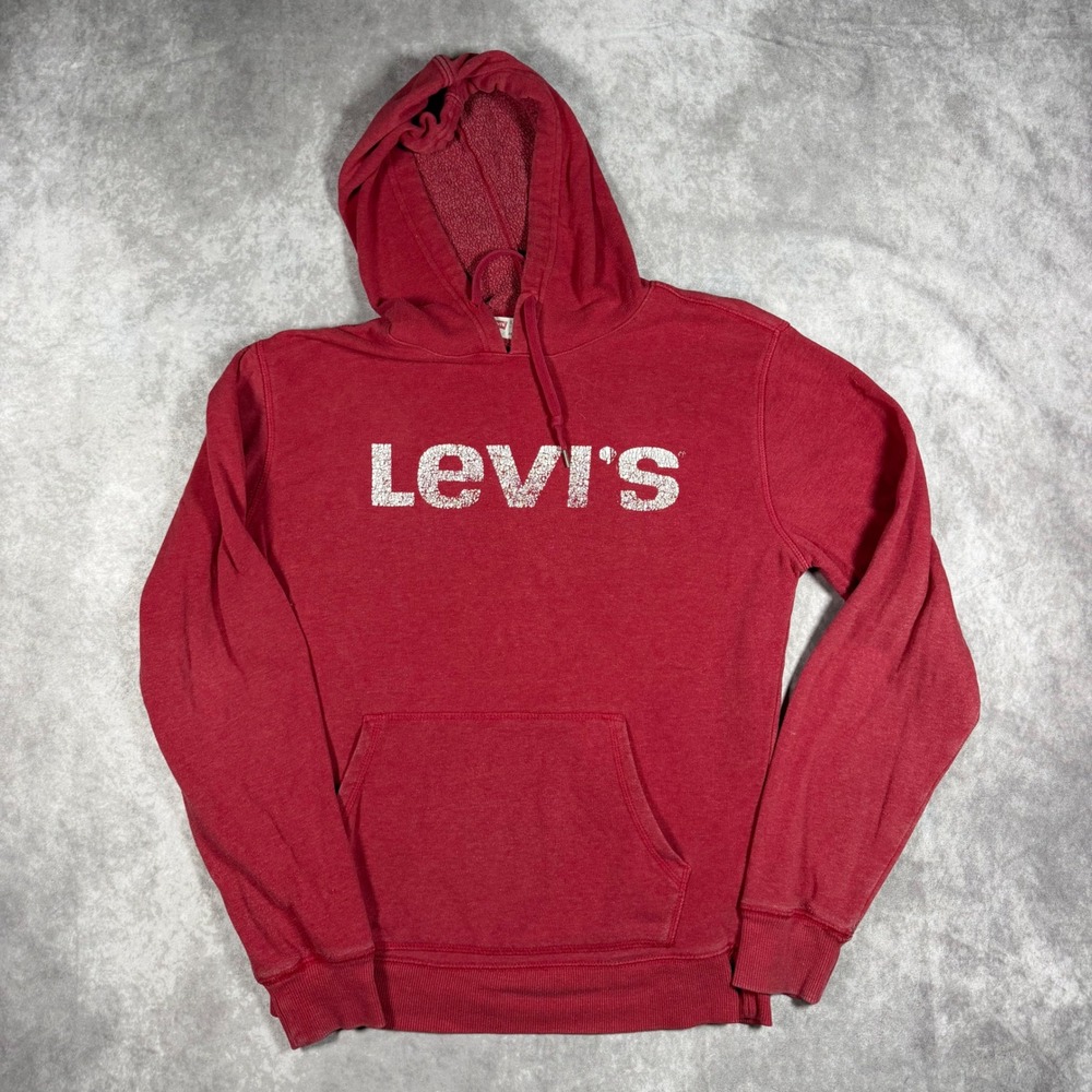 Levis Mens Red Distressed Graphic Logo Hoodie Sweatshirt Small S Pullover Y2K